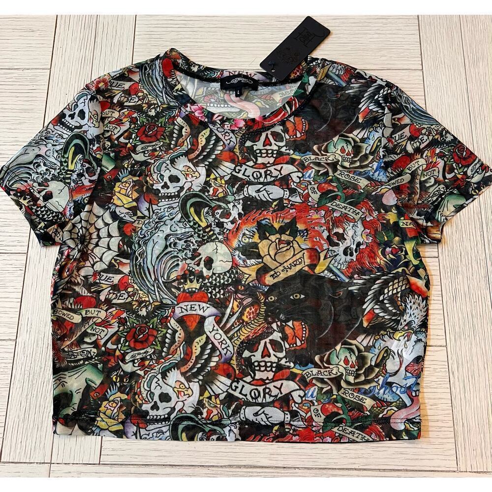 Ed Hardy NWT sheer tattoo crop black & red short sleeve poly, rayon top. Sz L.